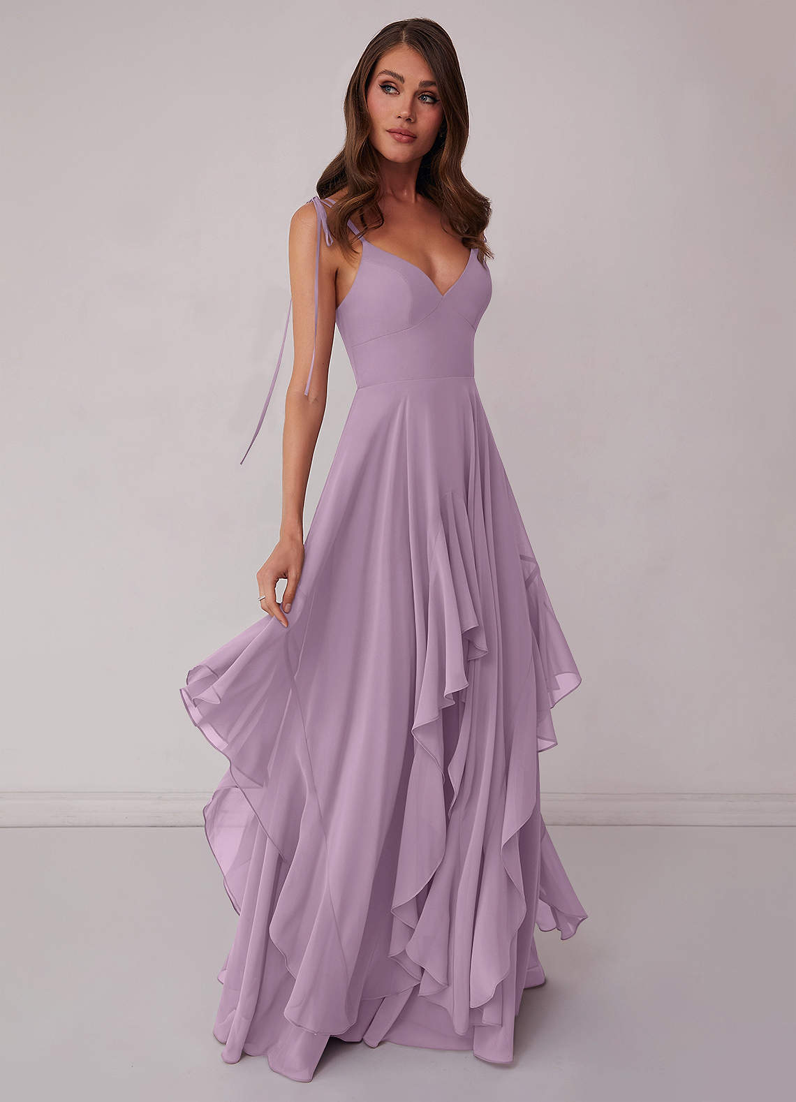 Gestuftes Kleid in A-Linie aus Chiffon mit V-Ausschnitt-AZ94917081-Endgültiger Verkauf