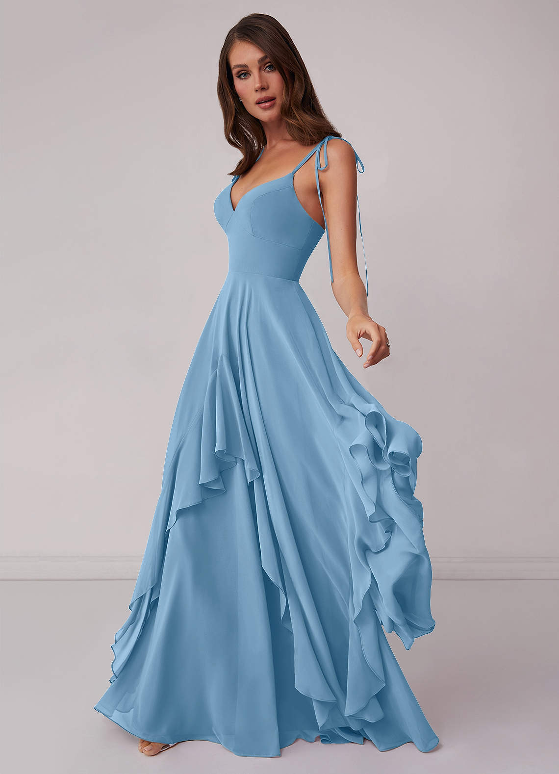 Gestuftes Kleid in A-Linie aus Chiffon mit V-Ausschnitt-AZ63021165-Letzte Chance