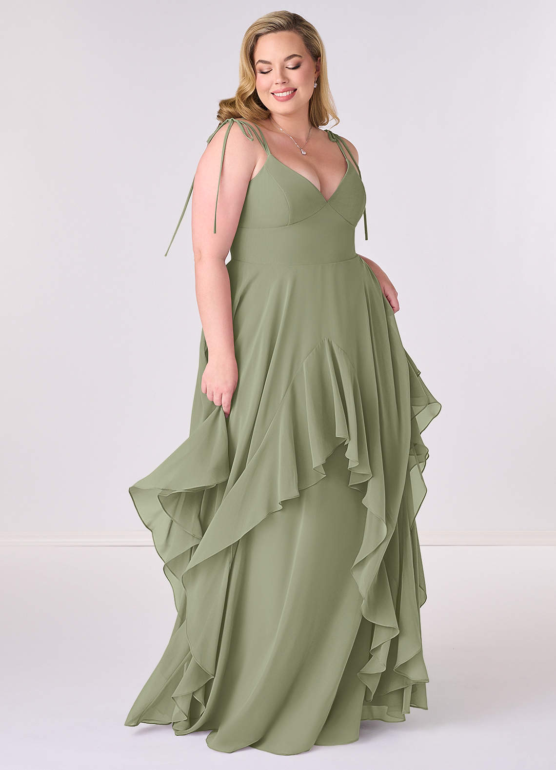 Gestuftes Kleid in A-Linie aus Chiffon mit V-Ausschnitt-AZ46122409-Endgültiger Verkauf