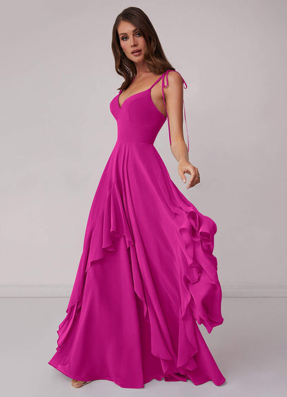 Gestuftes Kleid in A-Linie aus Chiffon mit V-Ausschnitt-AZ6904725-Endgültiger Verkauf