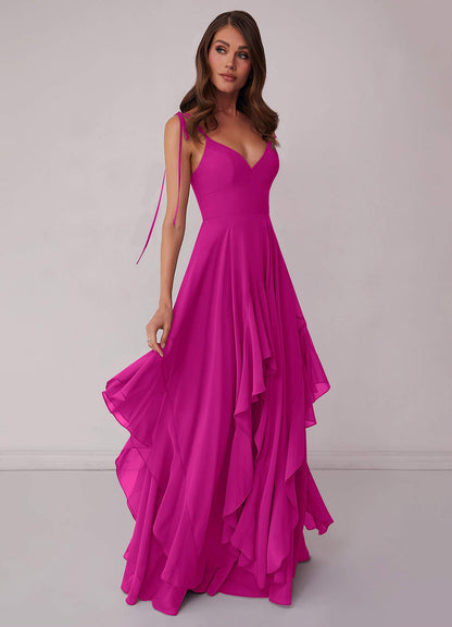Gestuftes Kleid in A-Linie aus Chiffon mit V-Ausschnitt-AZ61178472-Endgültiger Verkauf