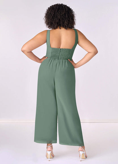 Geraffter Chiffon-Jumpsuit mit V-Ausschnitt-AZ6818605-Endgültiger Verkauf