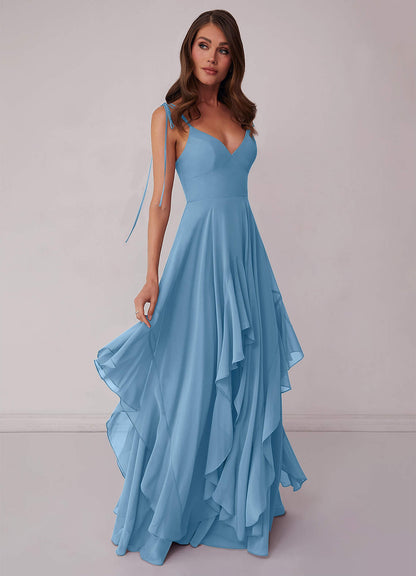 Gestuftes Kleid in A-Linie aus Chiffon mit V-Ausschnitt-AZ63021165-Letzte Chance