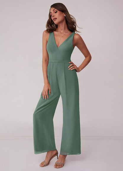 Geraffter Chiffon-Jumpsuit mit V-Ausschnitt-AZ6818605-Endgültiger Verkauf