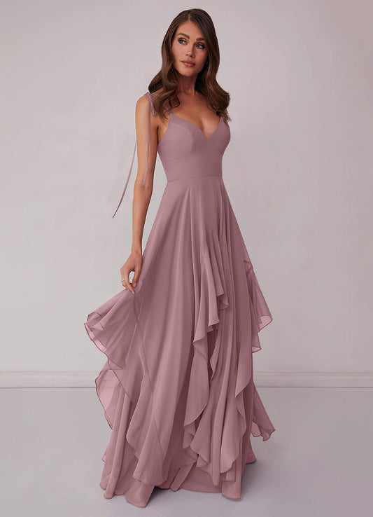Gestuftes Kleid in A-Linie aus Chiffon mit V-Ausschnitt-AZ23013912-Endgültiger Verkauf