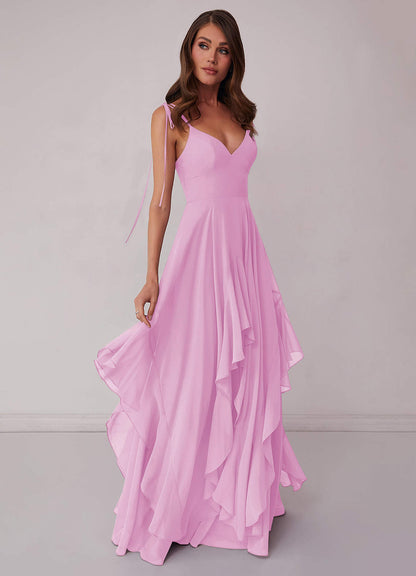 Gestuftes Kleid in A-Linie aus Chiffon mit V-Ausschnitt-AZ34651262-Endgültiger Verkauf
