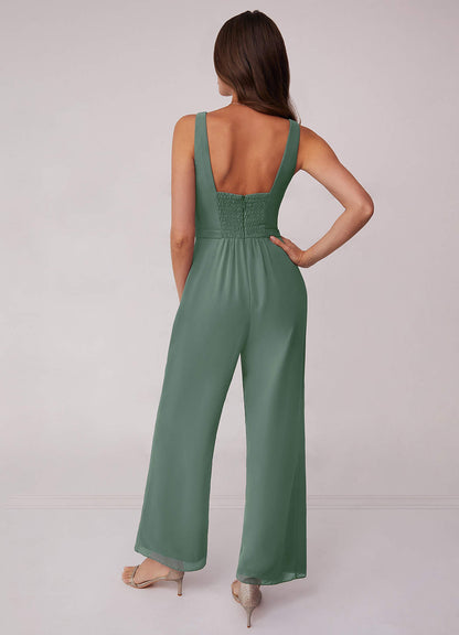 Geraffter Chiffon-Jumpsuit mit V-Ausschnitt-AZ6818605-Endgültiger Verkauf