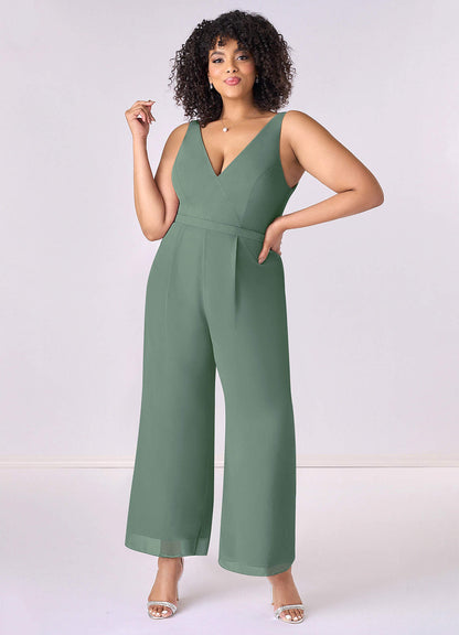 Geraffter Chiffon-Jumpsuit mit V-Ausschnitt-AZ6818605-Endgültiger Verkauf