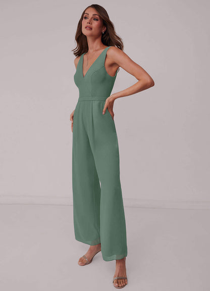 Geraffter Chiffon-Jumpsuit mit V-Ausschnitt-AZ6818605-Endgültiger Verkauf