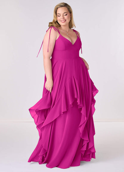 Gestuftes Kleid in A-Linie aus Chiffon mit V-Ausschnitt-AZ61178472-Endgültiger Verkauf