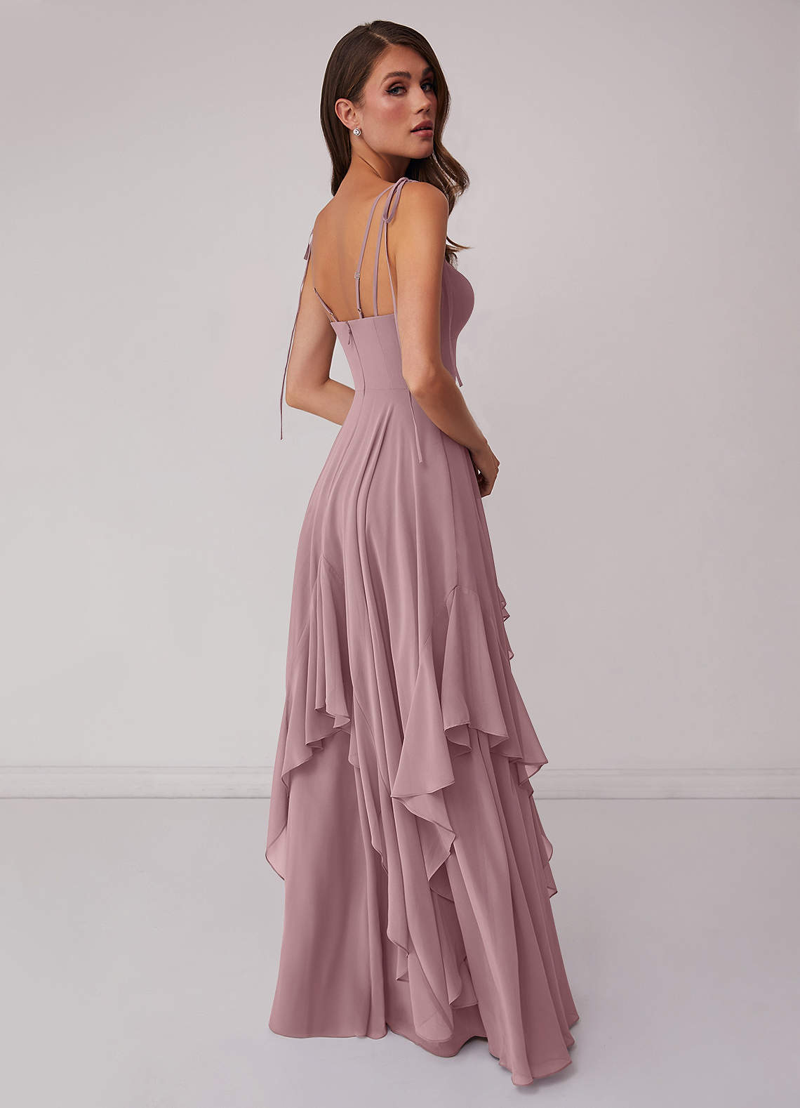 Gestuftes Kleid in A-Linie aus Chiffon mit V-Ausschnitt-AZ23013912-Endgültiger Verkauf
