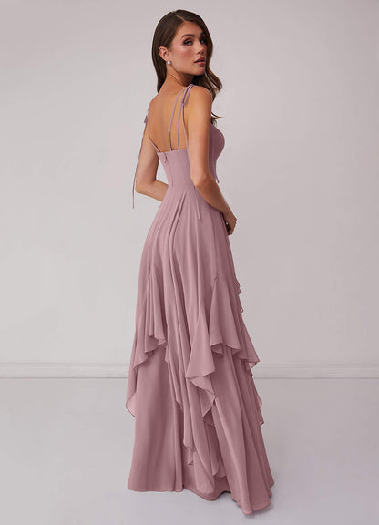 Gestuftes Kleid in A-Linie aus Chiffon mit V-Ausschnitt-AZ23013912-Endgültiger Verkauf