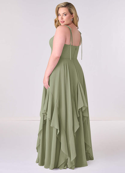 Gestuftes Kleid in A-Linie aus Chiffon mit V-Ausschnitt-AZ46122409-Endgültiger Verkauf