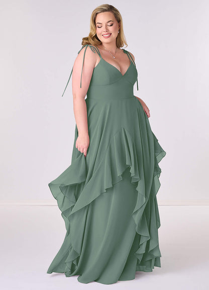 Gestuftes Kleid in A-Linie aus Chiffon mit V-Ausschnitt-AZ6768469-Letzte Chance